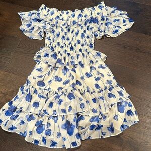 Blue and White Off the Shoulder Misa LA Mini Dress